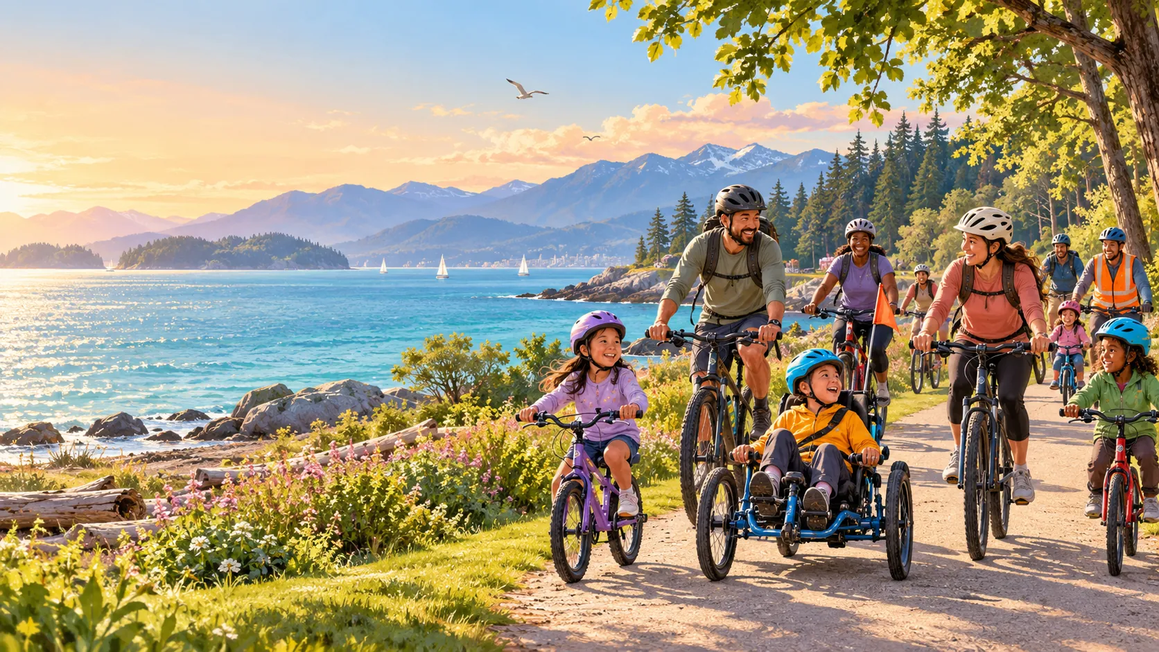 Illustration of inclusive coastal cycling with families and an adaptive tricycle