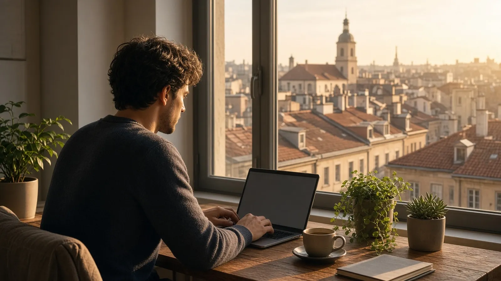 Remote worker at a laptop by a window over old-town rooftops at golden hour