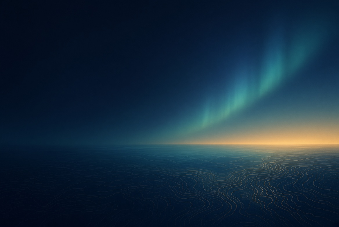 Northline brand artwork showing northern lights above a gold-lined horizon