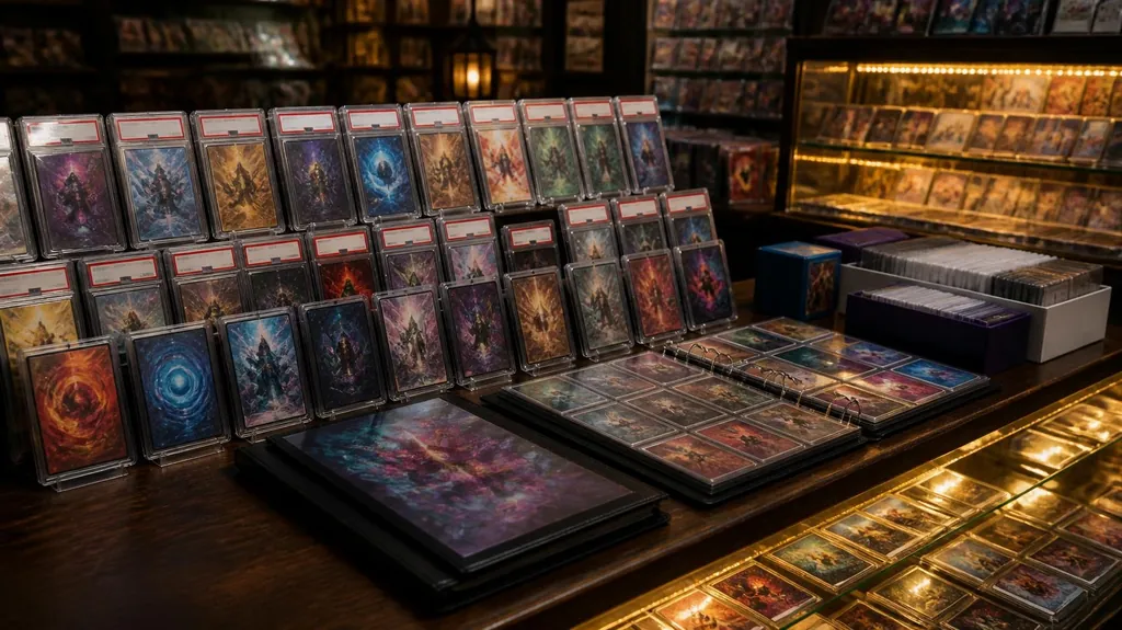Trading cards and collectibles displayed in a lit collector's case