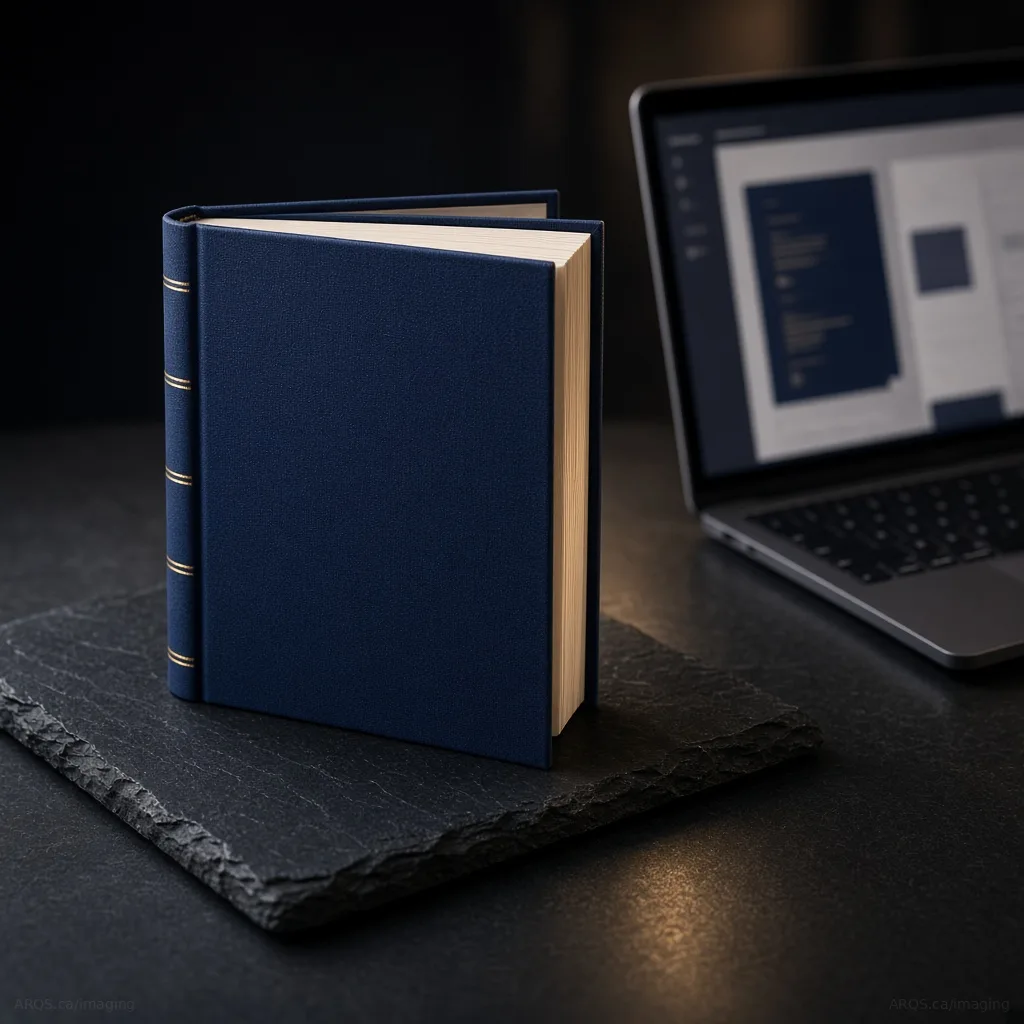 A navy cloth hardcover with gold spine bands standing on black slate beside a laptop showing a book layout