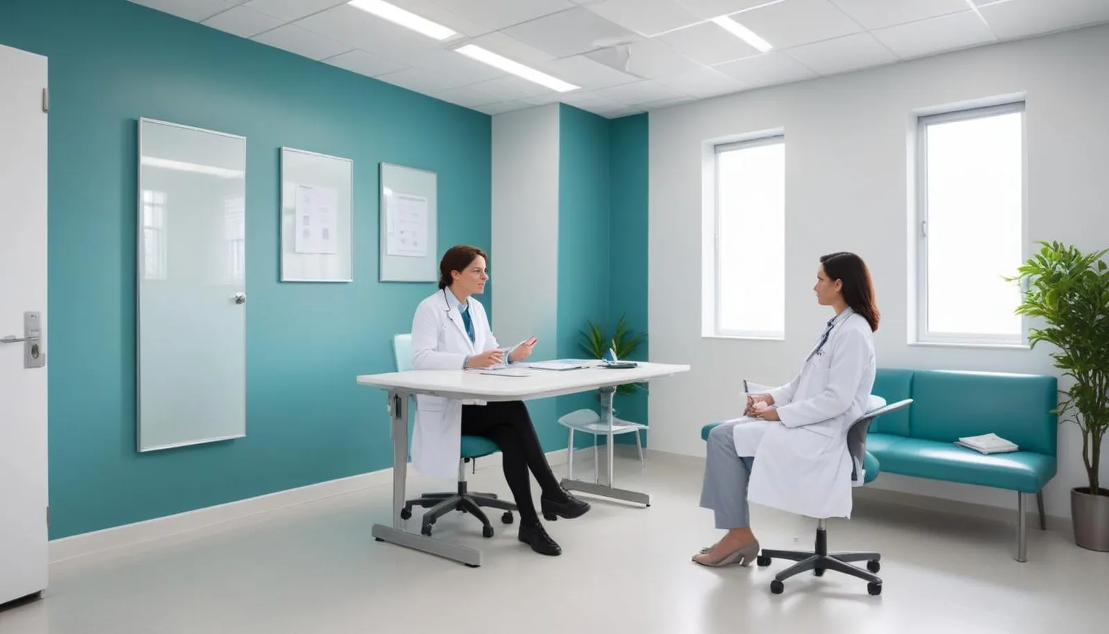 Doctor in a white coat consulting with a patient in a bright clinic