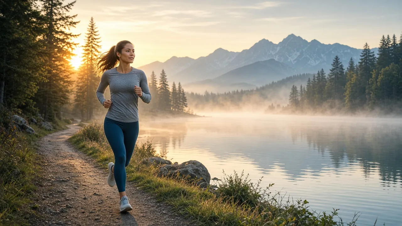 Illustrative morning movement beside a mountain lake