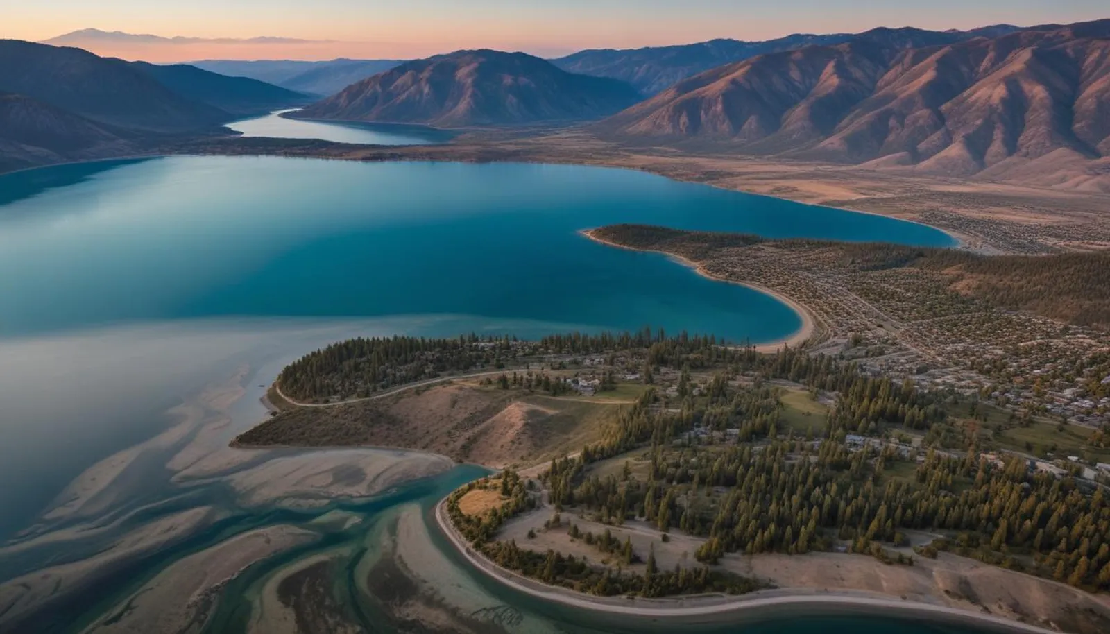 Aerial view of a turquoise Okanagan lake and mountains at sunset