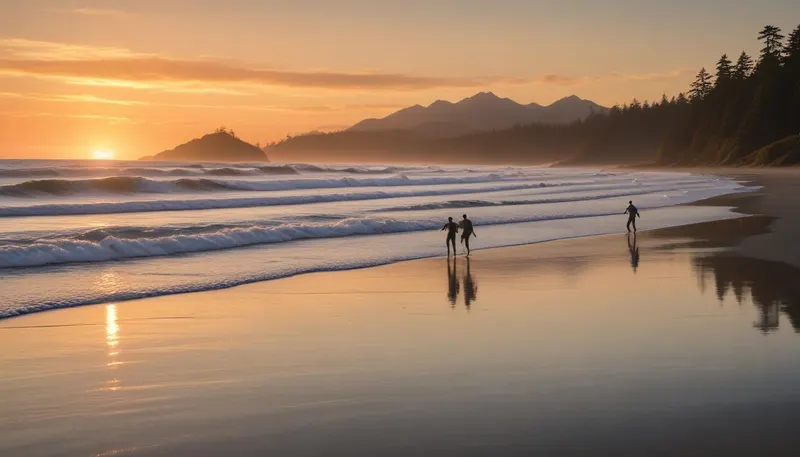 Pacific surf rolling onto a wide beach at sunset