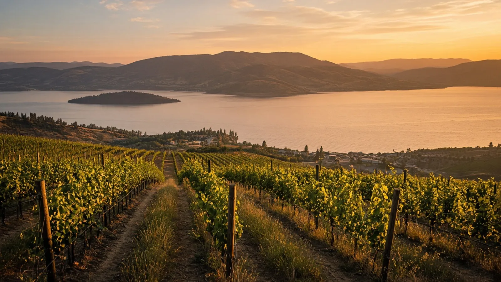 Okanagan vineyard rows at golden hour descending to the lake
