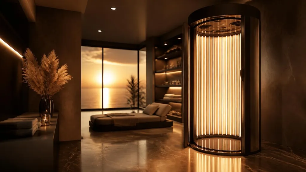 The warm sunset-lit wellness interior from Downtown Tan