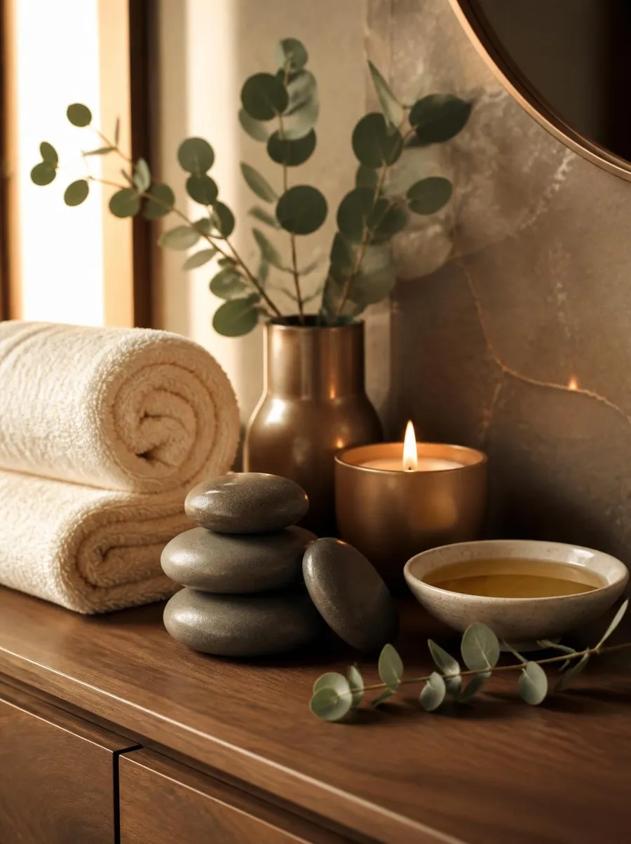 A calm wellness setting with towels, stones, eucalyptus and warm candlelight