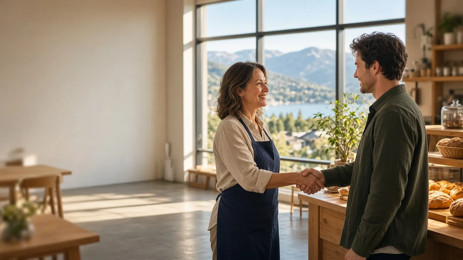 A café owner shaking hands with a new hire in a sunlit Okanagan bakery