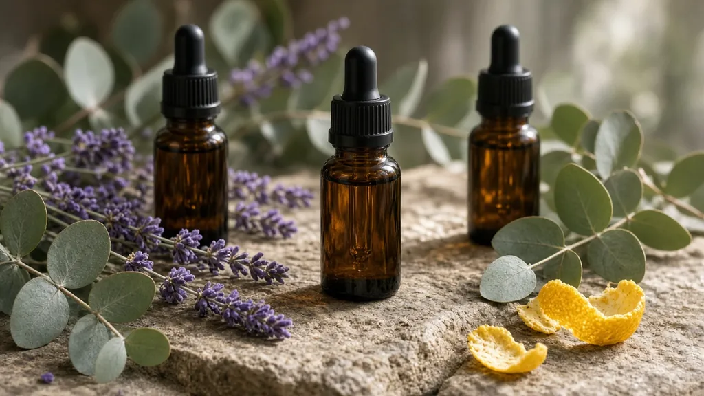 Illustrative amber oil bottles with botanical ingredients on stone; not a product for sale