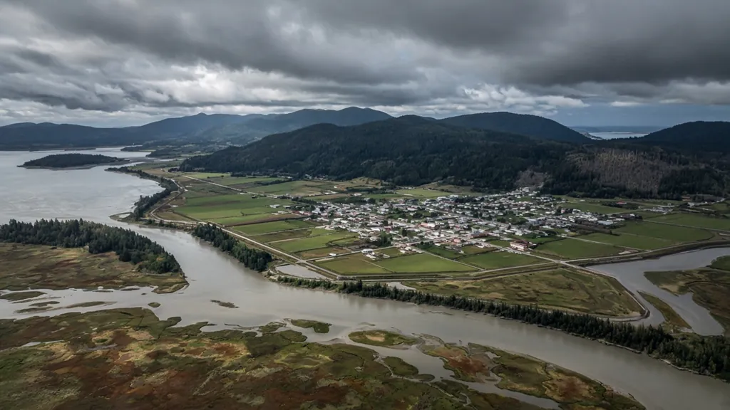 Aerial view of a river-delta town and dikes under storm clouds