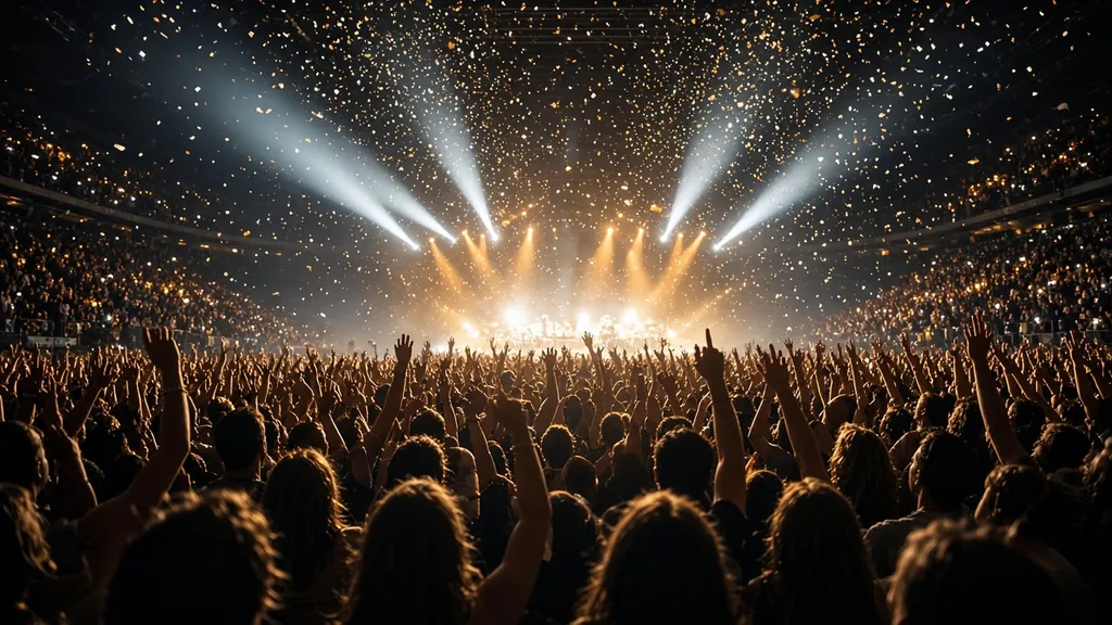 A concert crowd with hands raised under stage beams and confetti