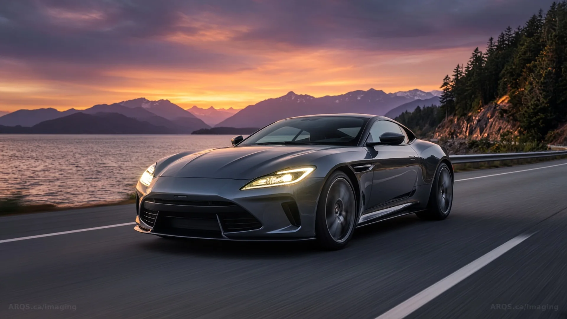 Grey sports coupe on the Sea-to-Sky Highway at dusk