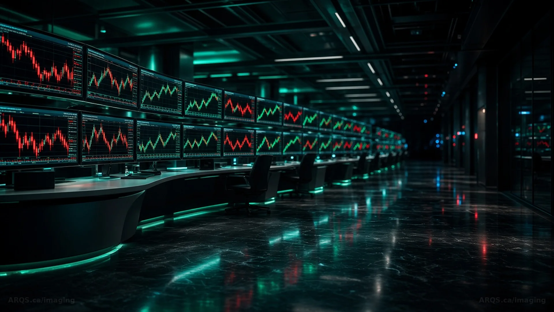 Trading floor with rows of market screens at night