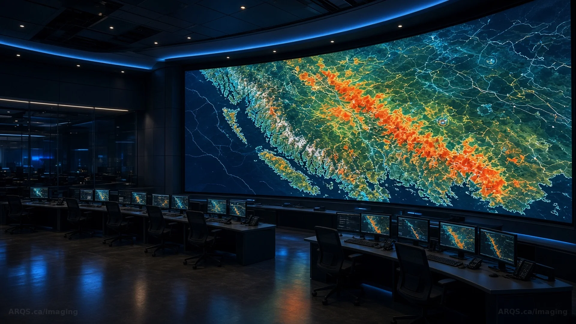 Monitoring centre with a large regional risk map on a video wall