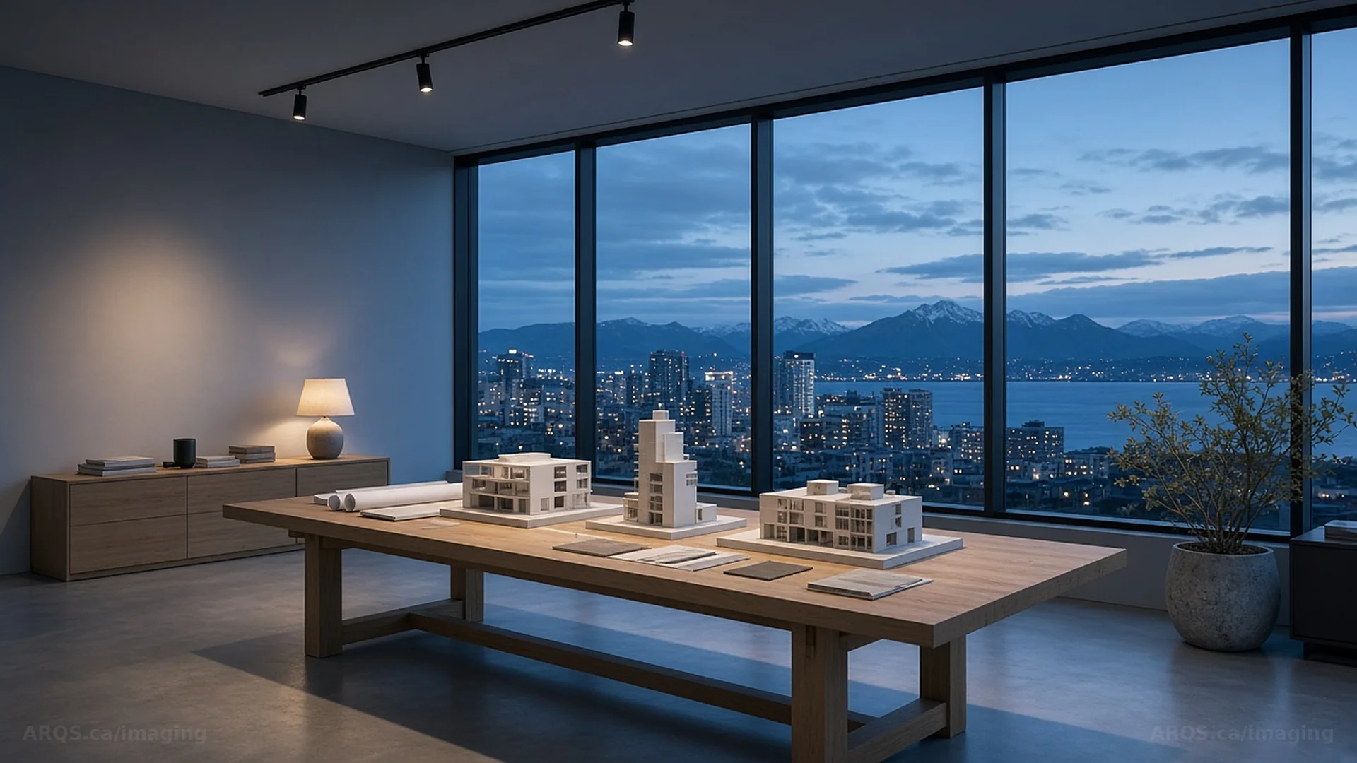 Architecture studio at dusk with white scale models on an oak worktable and a mountain-and-harbour skyline beyond the windows