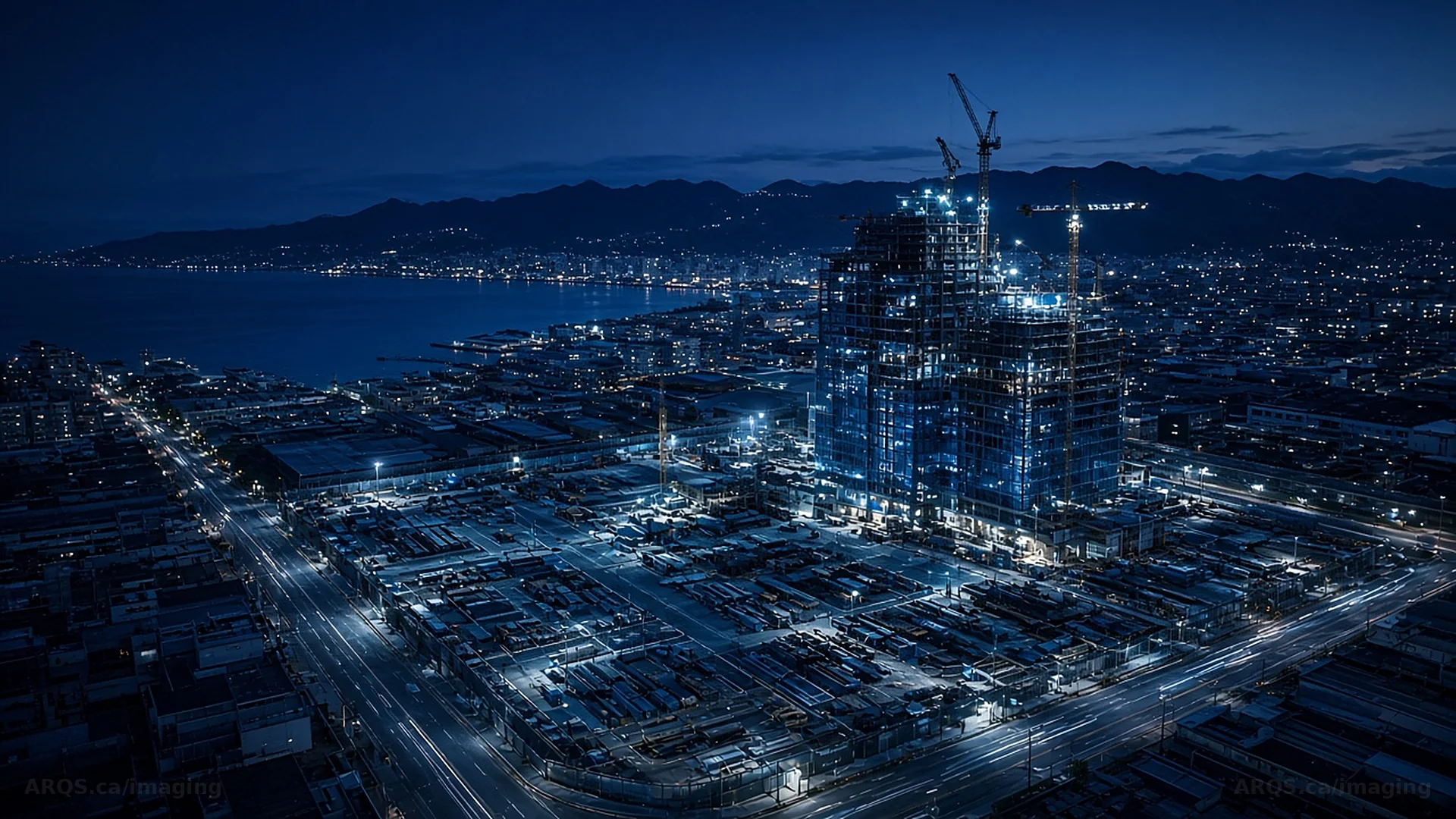 Aerial view at blue hour of a glass tower under construction with tower cranes and city light trails