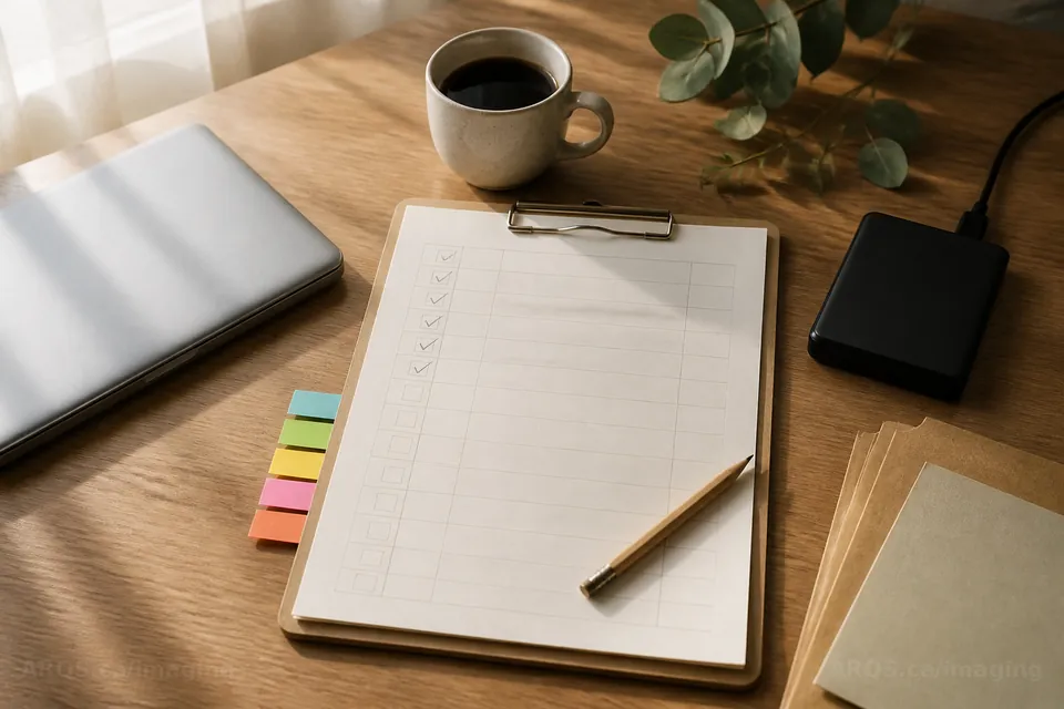 A walnut table in soft daylight with a clipboard checklist, coloured sticky tabs, a closed laptop, an external hard drive, a cup of coffee and plain folders