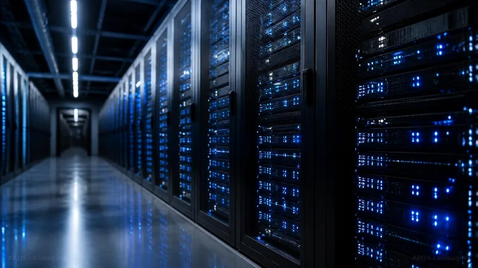 Long data centre aisle of server racks glowing with amber and blue status lights