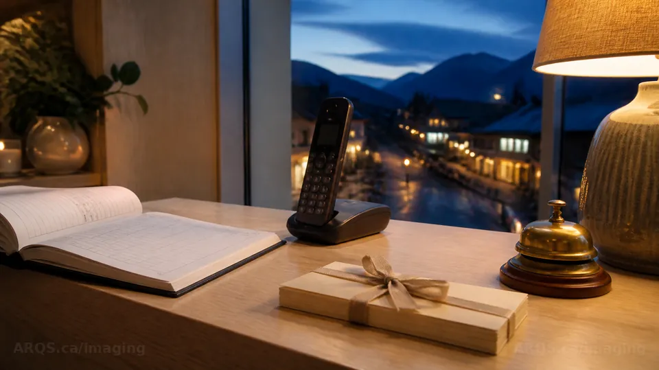 A reception counter in the evening with an open appointment book, a cordless phone, a brass desk bell and a glowing lamp, a lit town street and mountains through the window