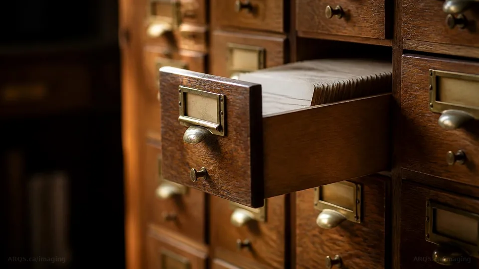 Wooden card catalogue with brass handles and one drawer of index cards pulled open