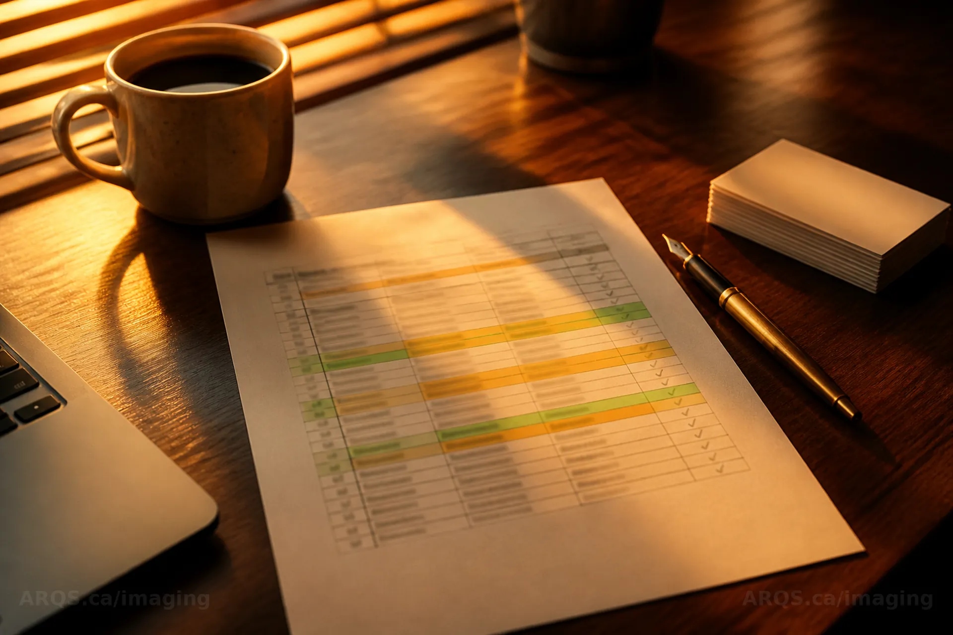 A printed prospect list with rows highlighted in amber and green on a walnut desk at golden hour, beside a fountain pen, a coffee cup and a stack of business cards