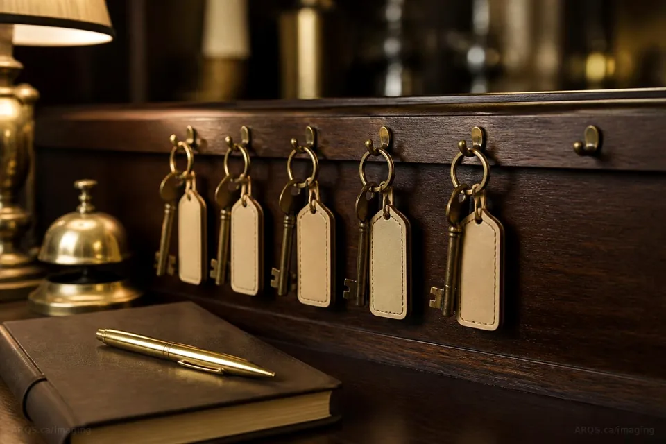 Brass keys with blank cream leather tags hanging on a walnut key rail beside a brass desk bell, a leather notebook and a gold pen under warm lamp light, one hook still free