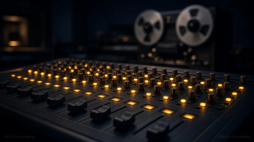 Rows of amber-lit faders and knobs on an audio mixing console with a reel-to-reel tape recorder behind