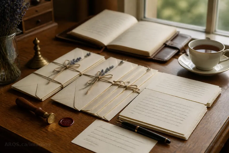 Handwritten reply cards and envelopes tied with twine and lavender on an oak desk by a window, with a fountain pen, a wax seal, a brass bell and a cup of tea