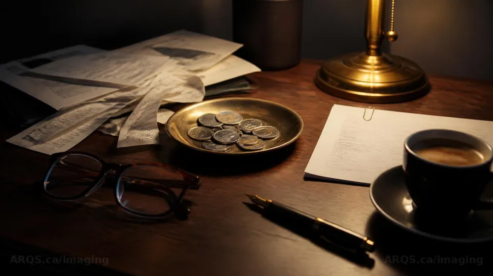 Invoices and receipts on a walnut desk beside a brass tray of coins, reading glasses, a fountain pen and an espresso under a brass lamp, one invoice clipped and set apart