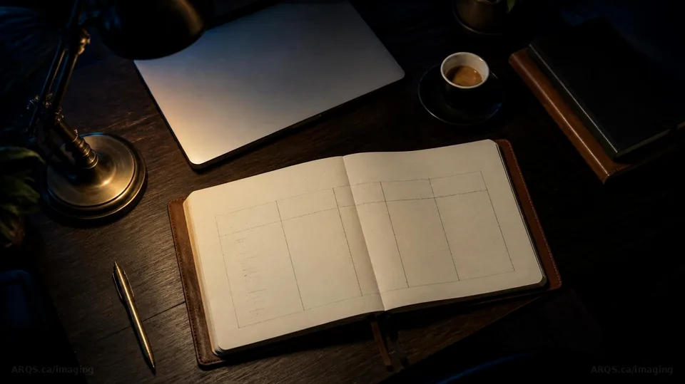 Notebook with a hand-drawn comparison grid beside a laptop and espresso under a desk lamp