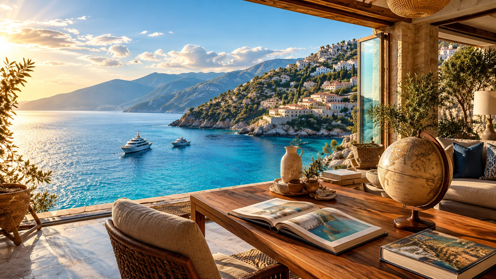 Illustrative coastal terrace with travel books; not a provider or property listing