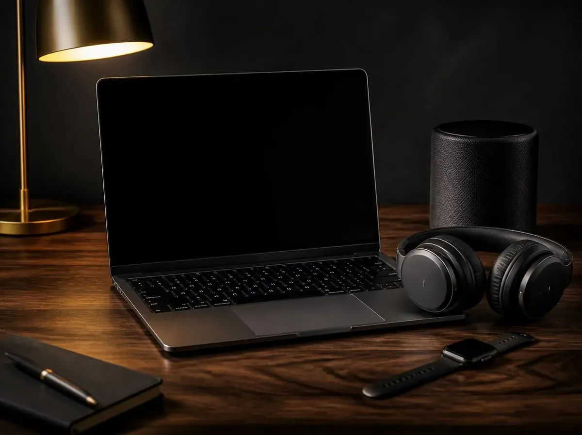 A slim laptop, over-ear headphones, a wireless speaker and a smartwatch on a walnut desk in warm lamplight