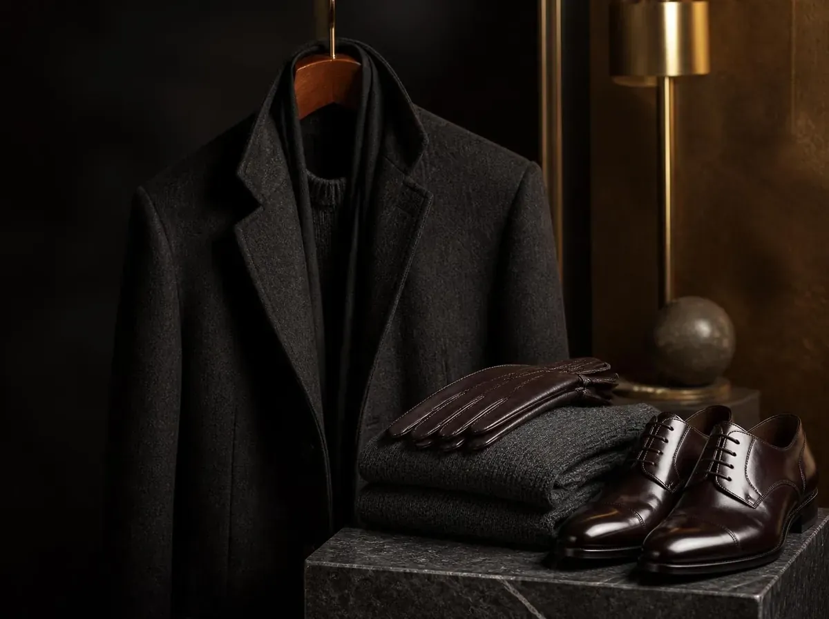 A tailored charcoal wool coat, cashmere knit, leather gloves and polished oxford shoes on a dark stone plinth