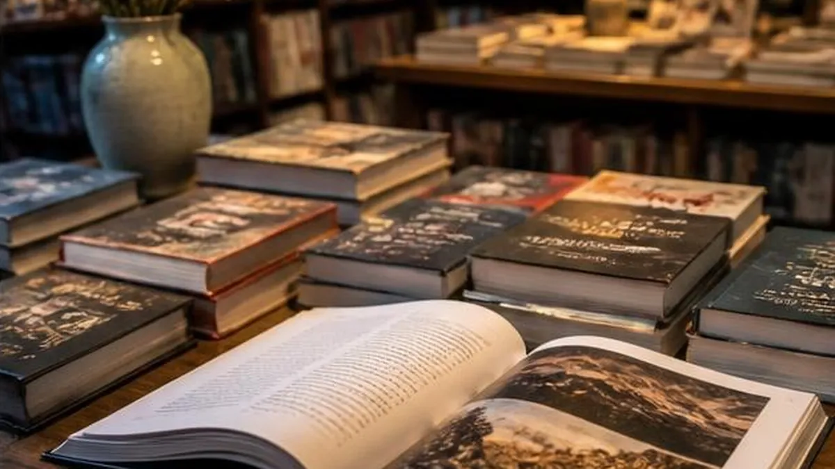 A warm bookshop table of new books with an open book in the foreground