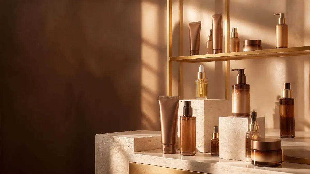 Shelves of unbranded salon products in warm light