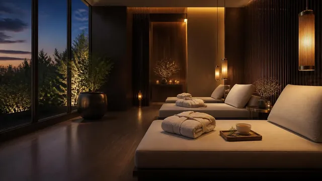 A calm spa lounge with folded towels and evening light