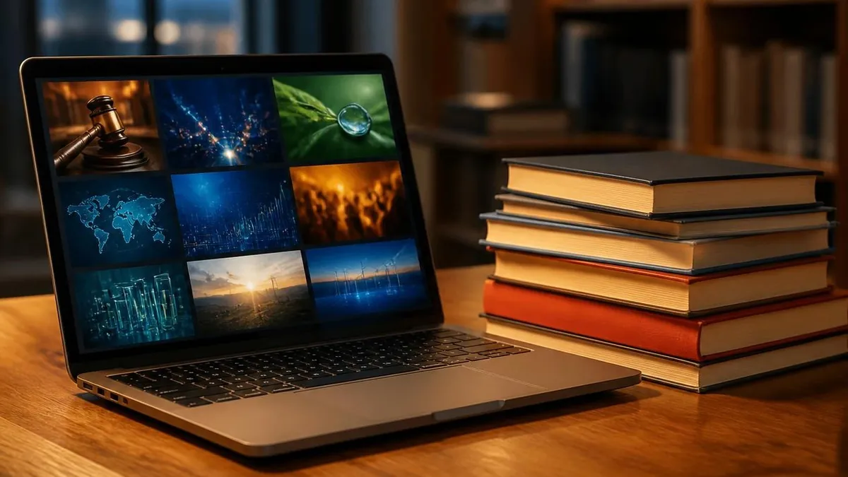 A laptop showing a grid of course tiles beside new textbooks on a library table