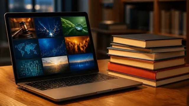 A laptop showing a grid of course tiles beside new textbooks on a library table