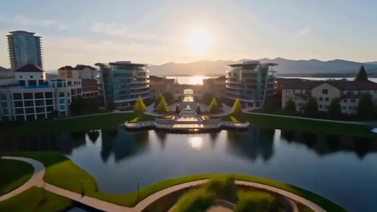 Aerial view of a lakeside technology institute campus at sunset