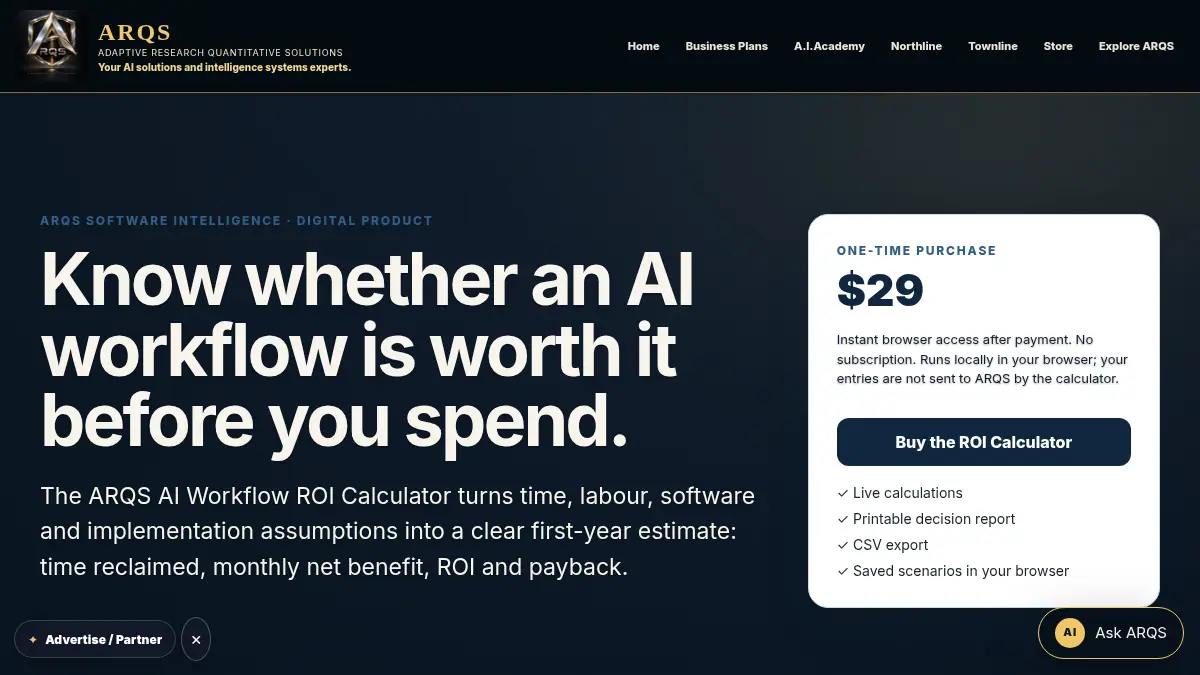 ARQS AI Workflow ROI Calculator — $29 on /software/ai-workflow-roi-calculator/