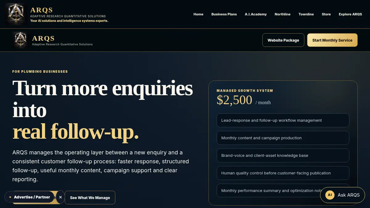 ARQS Plumber Growth & Follow-Up System on /plumber-growth/