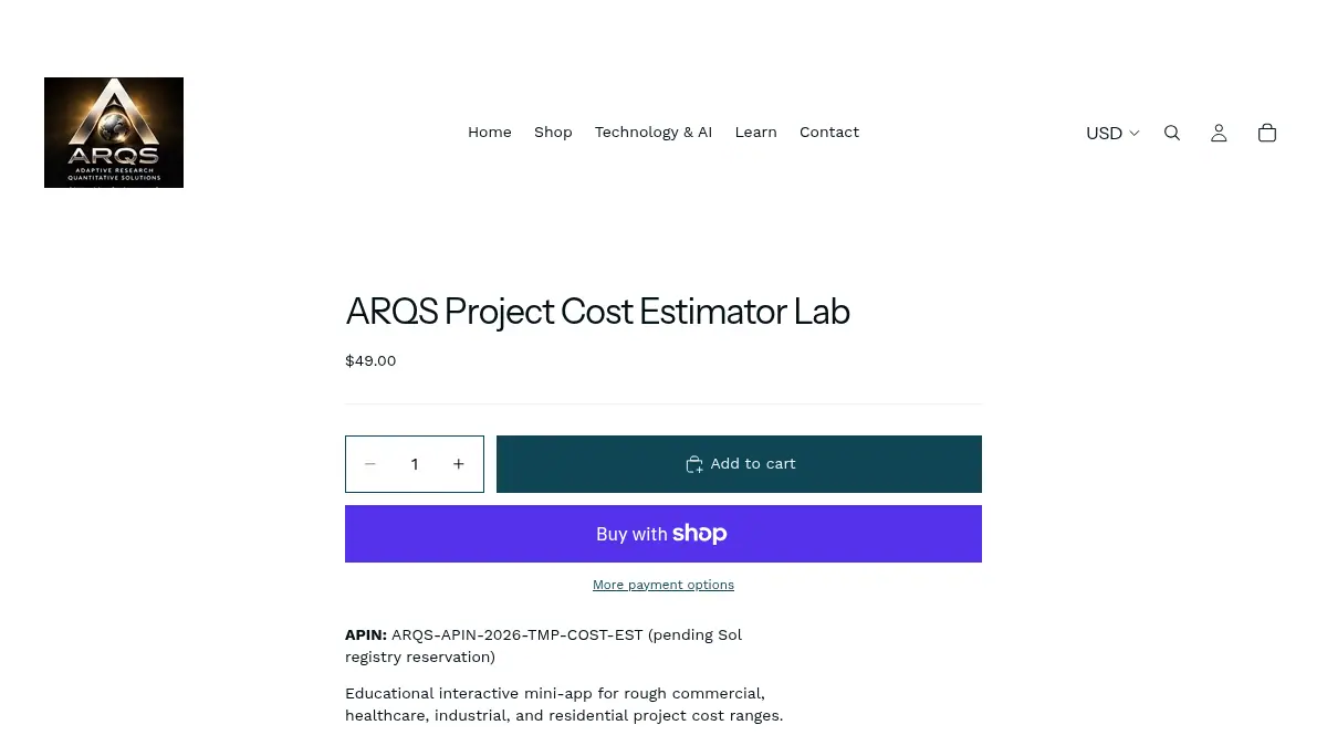 ARQS Project Cost Estimator Lab on uzrkzm-7p.myshopify.com/products/arqs-project-cost-estimator-lab