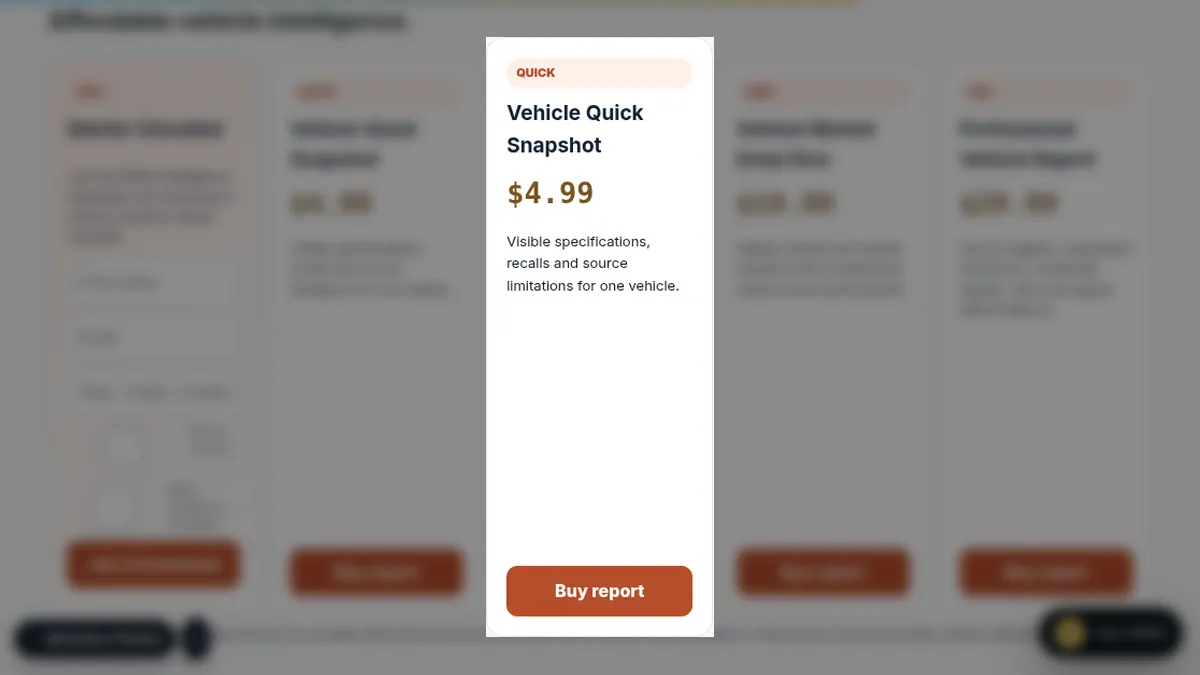 ARQS Auto Intelligence: Vehicle Quick Snapshot on /intelligence/auto/#reports