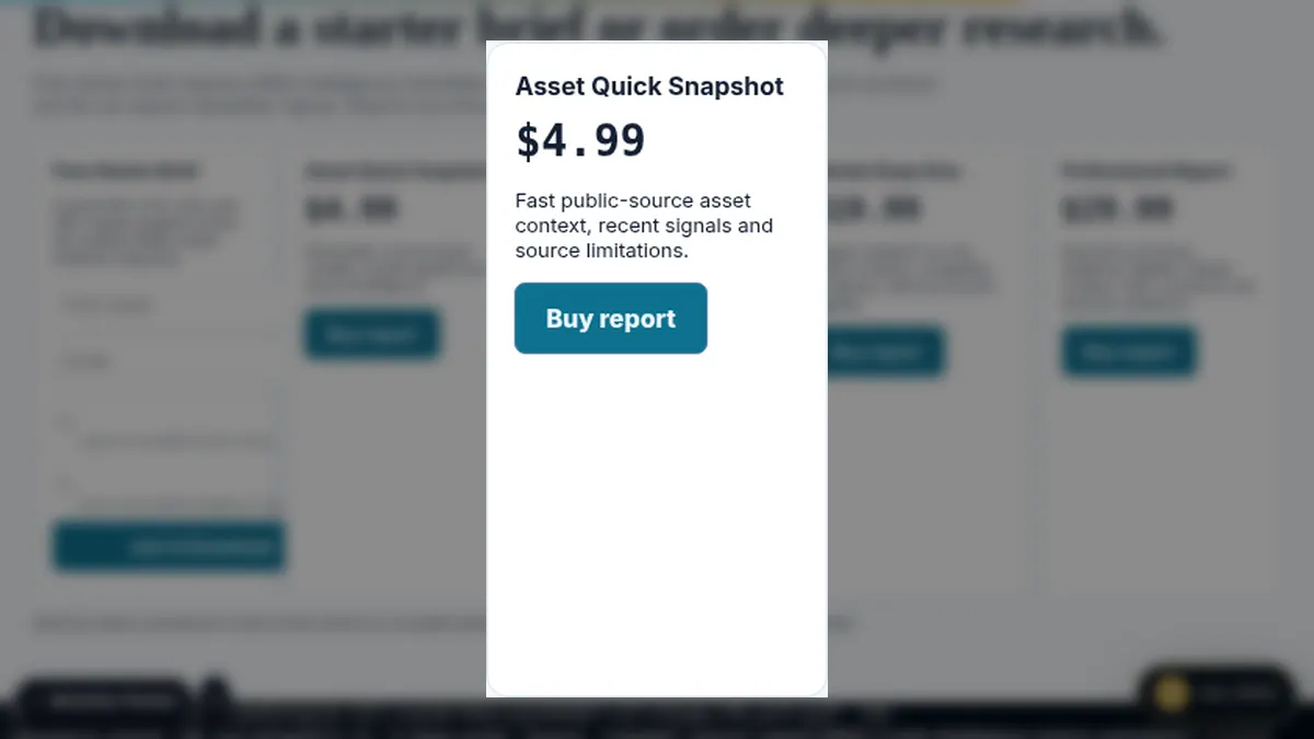 ARQS Crypto Intelligence: Asset Quick Snapshot on /intelligence/crypto/#arqs-crypto-report-funnel