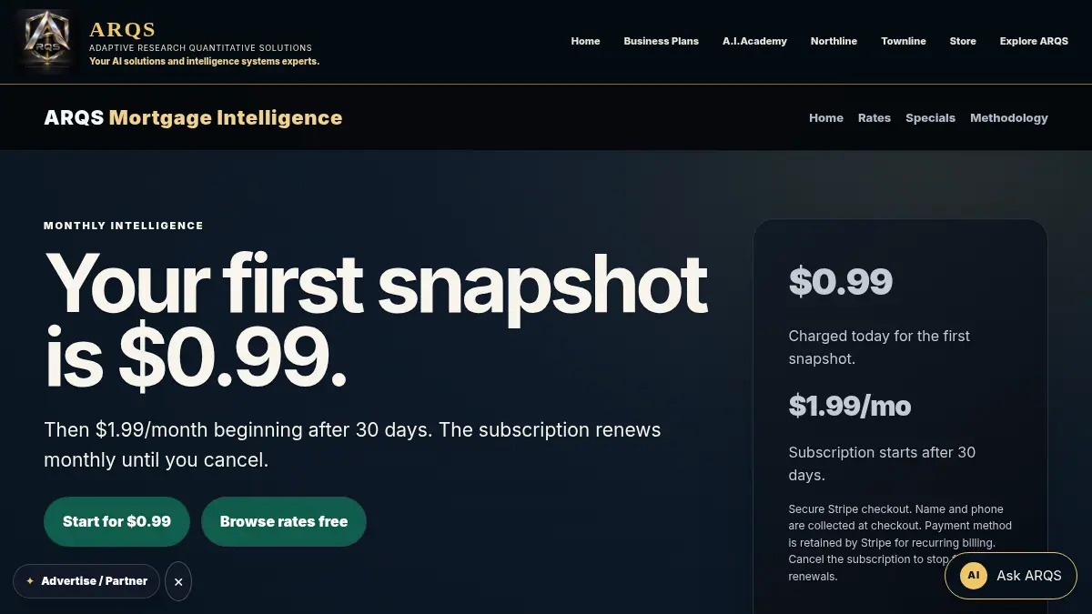 Mortgage Intelligence Snapshot — $0.99 First, Then $1.99/Month on /mortgage-intelligence/subscribe/