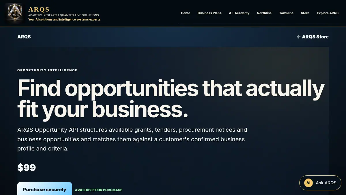 ARQS Opportunity API on /shop/opportunity-api/