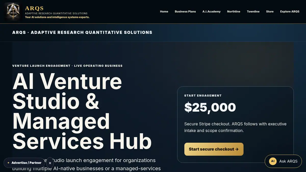 ARQS AI Venture Studio & Managed Services Hub — Venture Launch Engagement on /ventures/ai-venture-studio-hub/