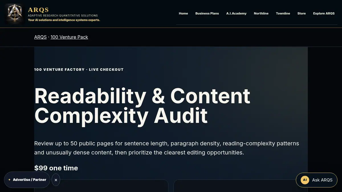 ARQS Readability & Content Complexity Audit on /ventures/readability-content-audit/