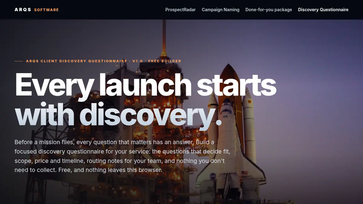 ARQS Client Discovery Questionnaire on /software/discovery-questionnaire/